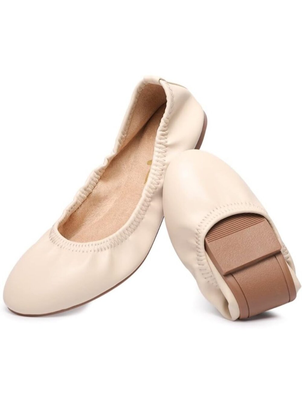 Women's Beige Faux Leather Foldable Ballet Flats Round Toe Slip On Travel Shoes
